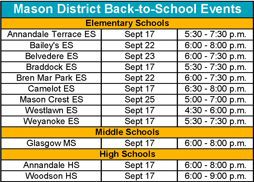 Remaining Mason District Back to School Nights as of September 17, 2026