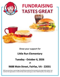 Flyer for Wendy's fundraiser supporting Little Run Elementary on Tuesday, October 6, 2026