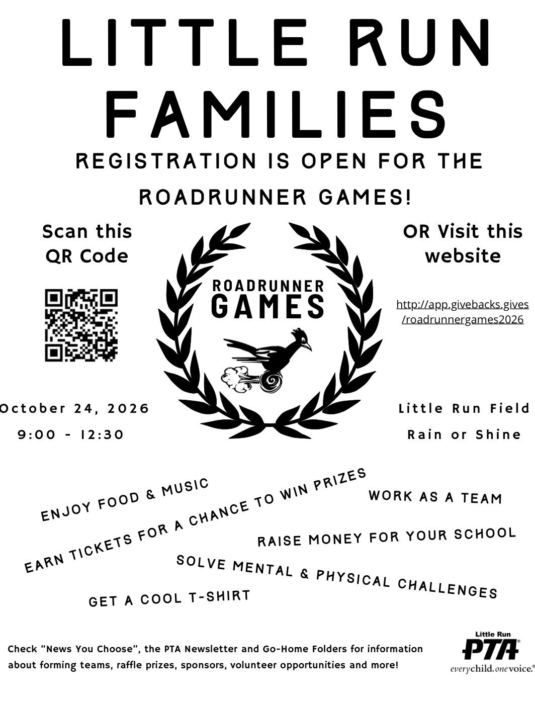 Event flyer for the 2026 Little Run Families Roadrunner Games on October 24th. Full text details provided in newsletter.