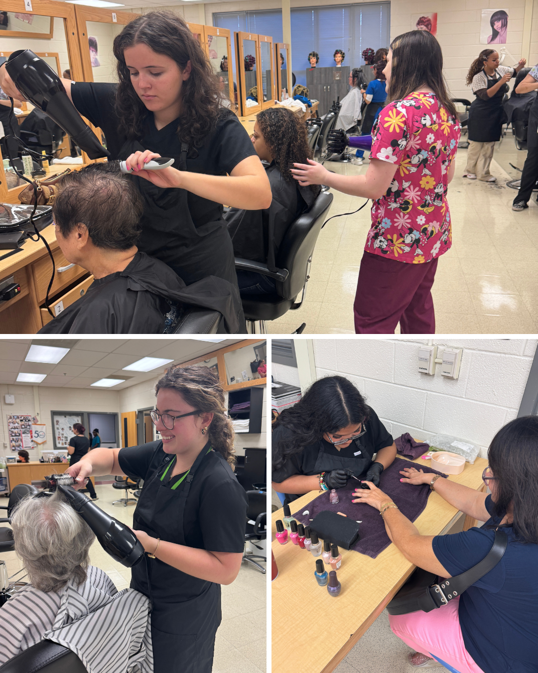 Photo collage of cosmetology students working with various clients doing hair and nails.
