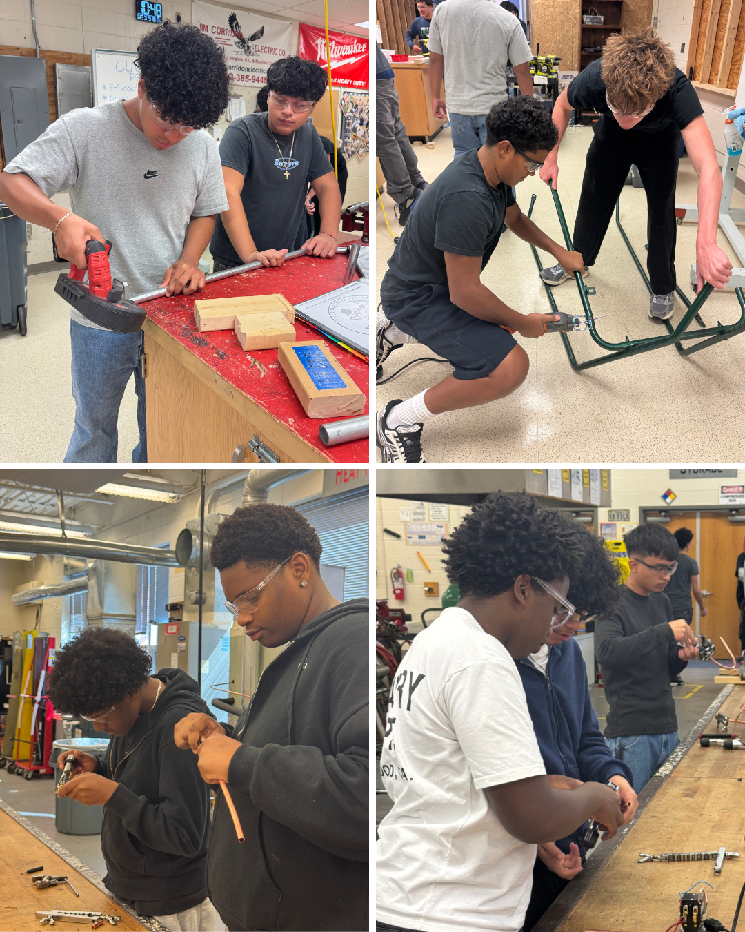 Photo collage of HVAC and Electrical students working in pairs with various tools and pipes.