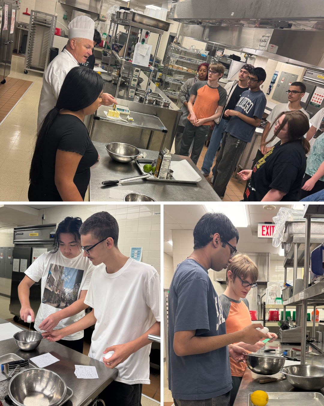 photo collage: one of of student listening to instruction in the culinary lab, two photos of students working in pairs mixing ingredients.