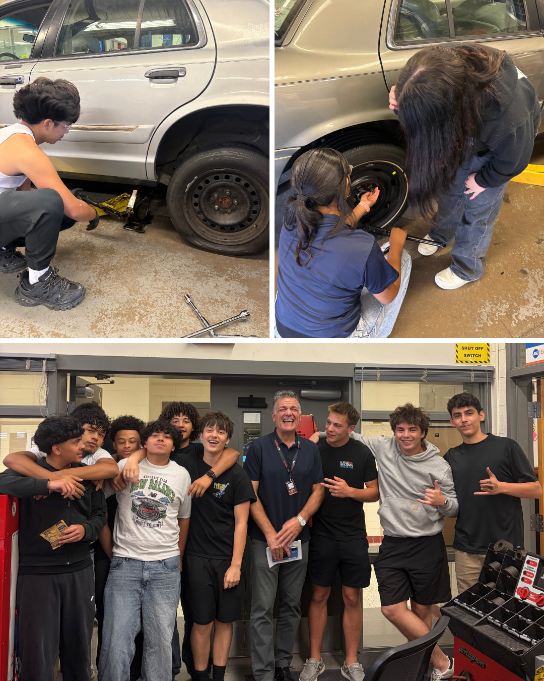 photo collage of auto tech students practicing changing a tire. There is also a group photo of students with a college representative.