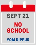 Graphic styled like a calendar page. Text reads: "SEPT 21 NO SCHOOL YOM KIPPUR" in grey, red, and blue.