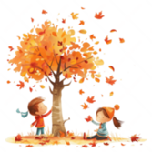 kids playing in leaves under tree