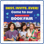 Best Invite Ever! Come to our Book Fair. Image of three young students smiling holding and reading books