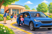 Elementary students exiting a car in the kiss and ride