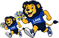 Two cartoon lions running wearing Lane T-shirts and carrying pom-poms