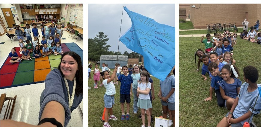 2nd grade students wearing blue holding their flag and cheering at the pep rally