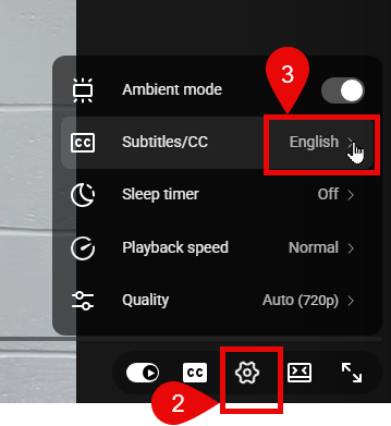 Step 2 click on the setting wheel icon then step 3 select the arrow next to Subtitles/CC to select your langauge