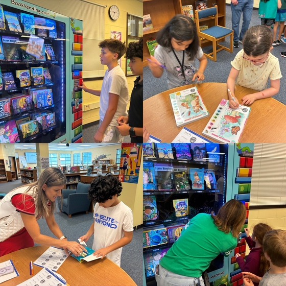 Pictures from our library of students collecting a book from the PTA sponsored book vending machine.