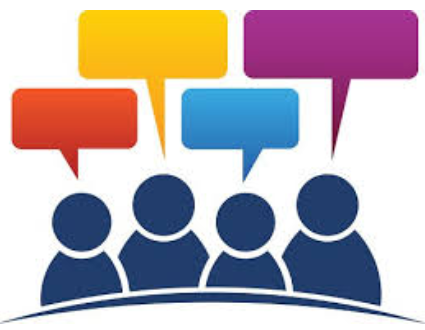 four people standing together beneath colorful speech bubbles
