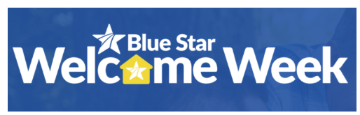 The image features a blue background with the words “Blue Star Welcome Week” in large white lettering. A white star appears above “Blue Star