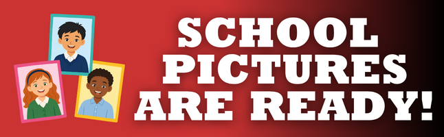 3 pictures of students with red and black gradient background with white text ‘School Pictures are ready’
