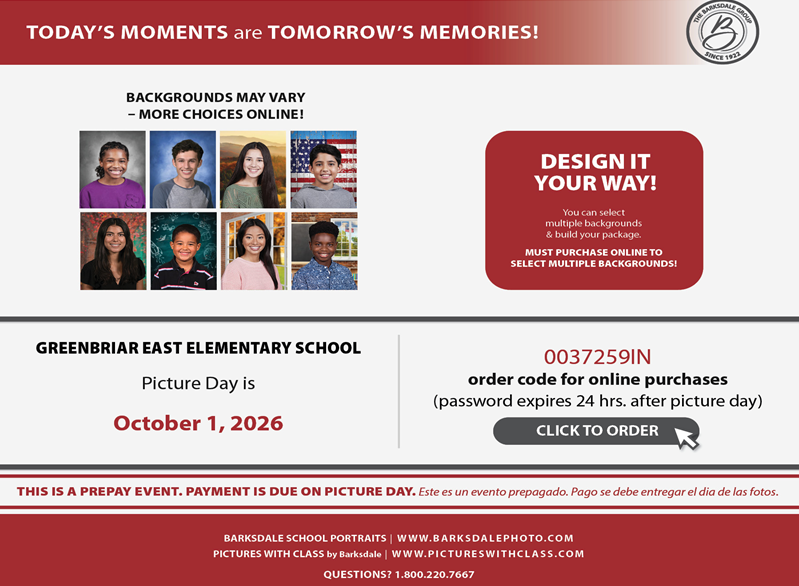 Barksdale flyer for GBE School Picture Day on October 1, 2026.
