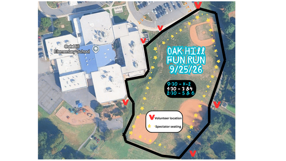 overhead image of Oak Hill Elementary School with the words Oak Hill Fun Run 9/25/26;