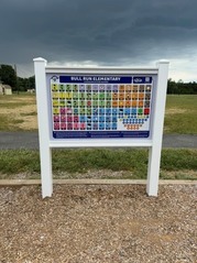 colorful board with pictures and words, in white posts, standing in brown mulch on playground with sky behind it background