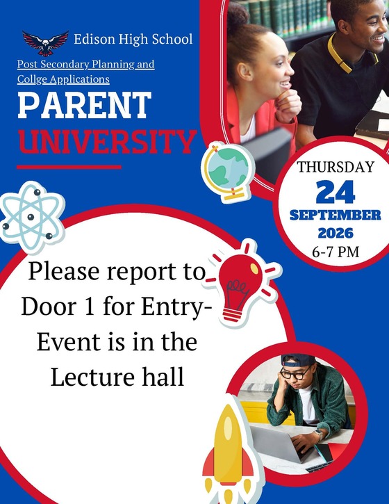 Parent University, Thursday September 23 6:00 p.m., Edison Lecture Hall