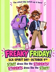 pink and green split background.  cartoon bull and student wearing each other's clothing