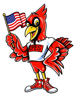 Cardinal mascot holding a USA flag