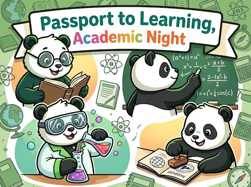Image of cartoon pandas engaged in learning activities. The text reads "Passport to Learning, Academic Night."