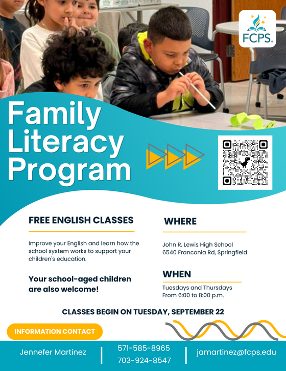 Event poster titled "Family Literacy Program." The background graphic shows children happily playing a game together in a classroom setting