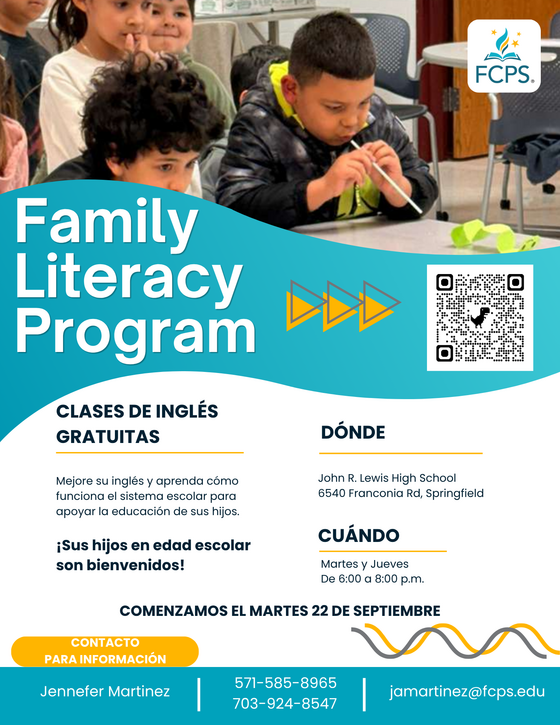 Cartel del evento titulado "Programa de Alfabetización Familiar". El gráfico de fondo muestra a unos niños jugando felices en un salón de clases.