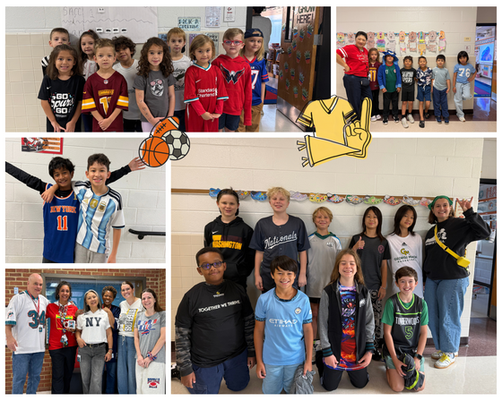 Photo collage of elementary students and teachers wearing various sports jerseys for school spirit day.