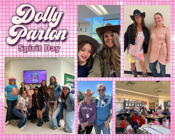 Dolly Parton Spirit Day collage showing staff and students dressed in Western attire.