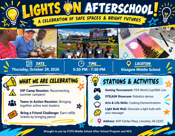 “Lights On Afterschool celebration flyer featuring photos of students participating in robotics, a group field trip, and art activities. 