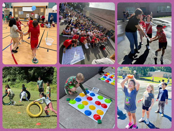 Students participating in the sponge and tire relays during field day