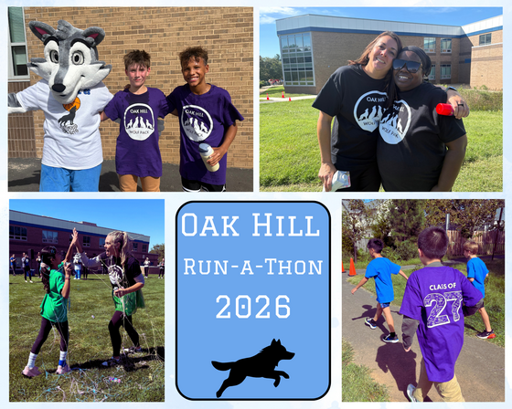 Pictures of students, teachers and Oakie at the Oak Hill ES Run-a-thon