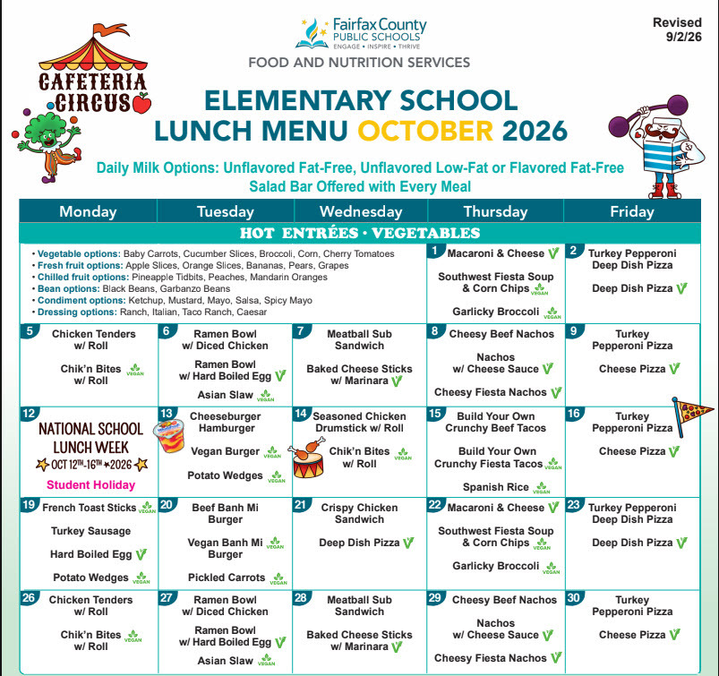 Lunch Menu for October 2026.