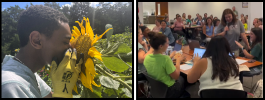 A Pulley Center student smells a sunflower at Arcadia Center for Sustainable Agriculture and Get2Green Leaders attended September kickoff sessions