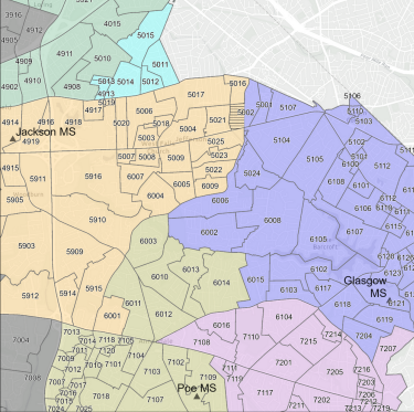 Map of proposed middle school boundaries for 4B, 4C, and 4D