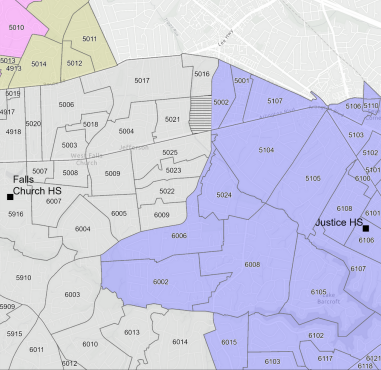 Map of proposed high school boundaries for 4B, 4C, and 4D