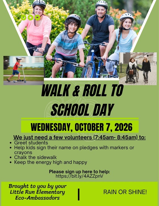 Flyer for Walk & Roll to School Day on Wednesday, October 7, 2026, requesting volunteers. Details in long description.
