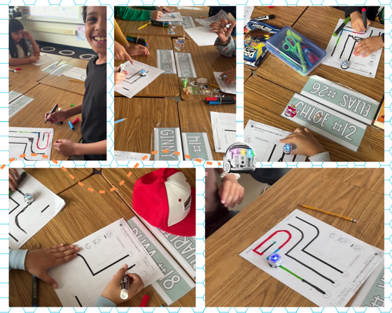 Students in a classroom working on coding worksheets using markers and Ozobot robots at their desks.