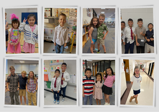 Collage of eight Polaroid-style photos featuring elementary school students dressed up for school picture day.