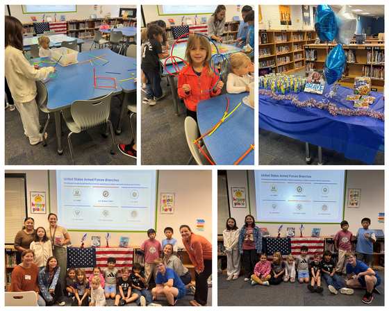 Collage of five photos showcasing elementary students participating in hands-on activities during Military Blue Star Welcome Week.