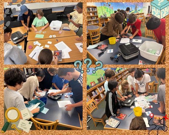 Students sitting around tables in a library, working together on book club puzzles and escape room activities.