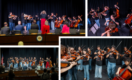 Annandale HS parent and student orchestras on stage performing at school board meetings