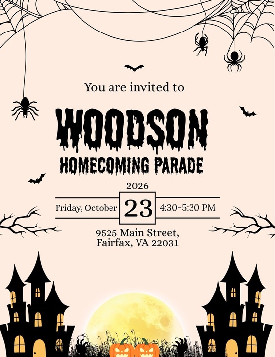 Halloween-themed graphic; You are invited to WOODSON HOMECOMING PARADE 2026 Friday, October 23 4:30–5:30 PM 9525 Main Street, Fairfax, VA 22031