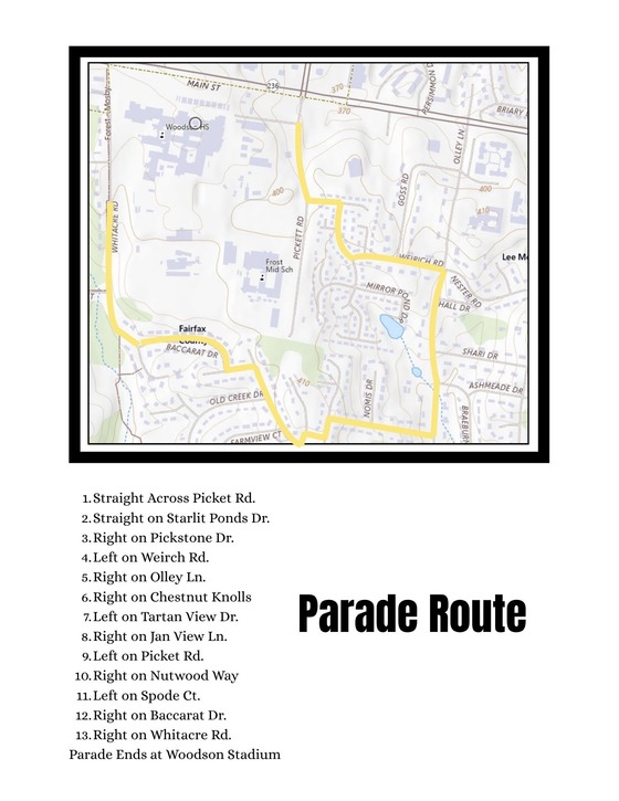 Map showing the Woodson Homecoming Parade route highlighted in yellow, ending at Woodson Stadium, with numbered directions below.