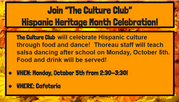 Culture Club - Hispanic Heritage Month Celebration - Monday, October 5th
