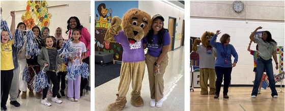 Principal Mrs. Opie celebrating with students, posing with Mr. Paws, and dancing with Mrs. Lopez and Mr. Paws at a Pep Rally