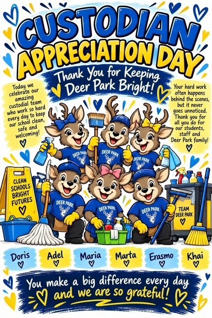 6 bucky school mascot dressed in tshirt for custodian apprc day