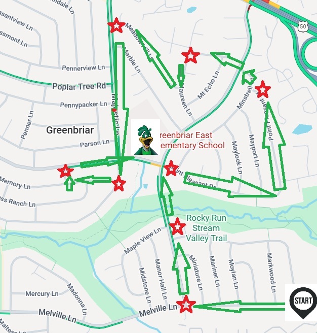 Map of the GBE Bike Parade route through the Greenbriar neighborhood, marked with green arrows, red stars and a starting point.