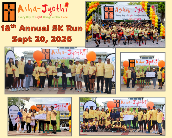  A photo collage from the 18th Annual Asha-Jyothi 5K Run showing runners, group photos, and check presentations.