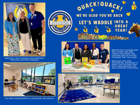 A warm and cheerful back-to-school collage of Seema Dixit with Brookfield Elementary staff and vibrant classroom spaces